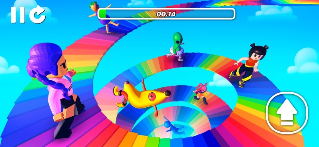 Mega Obby gameplay: a runner leaping between rainbow platforms above a lava floor